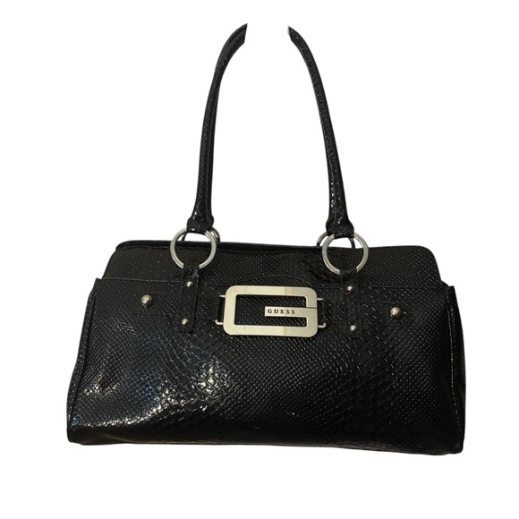 Guess Shoulder Bag Black Textured Reptile Animal Print Silver-Tone Hardware - Picture 1 of 16